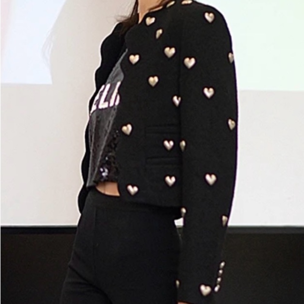 Cute woman’s black jacket with studded hearts perfect for dress up. New w/o tag